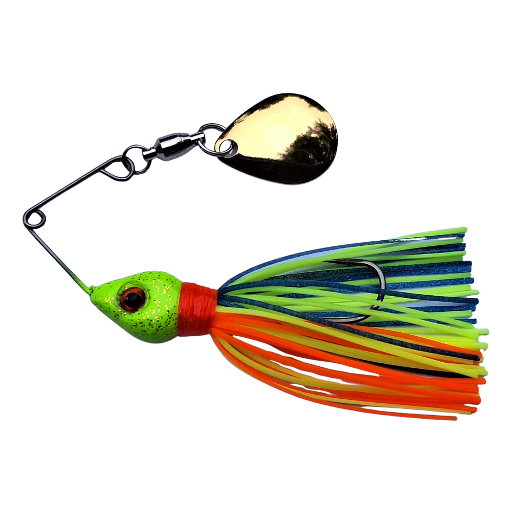 Colorful spinnerbait fishing lure on a white background